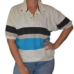 Vintage Greenline International Polo Shirt L White Black Blue Striped Cotton